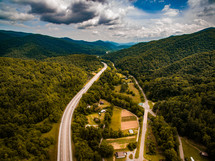 aerial view over a mountain highway 