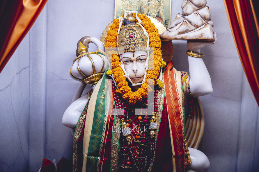 Altar of a Hindu monkey idol in India.