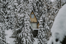 A cabin in the snow. 