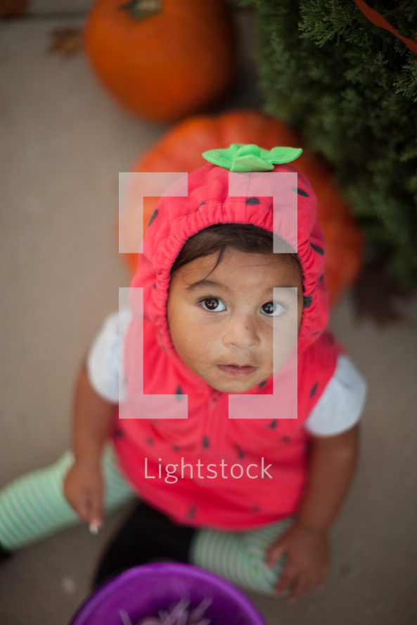 a toddler in a strawberry costume 
