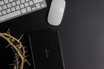 computer keyboard and mouse with crown of thorns and Bible 