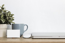 houseplant, mug, blank sign, and laptop computer 