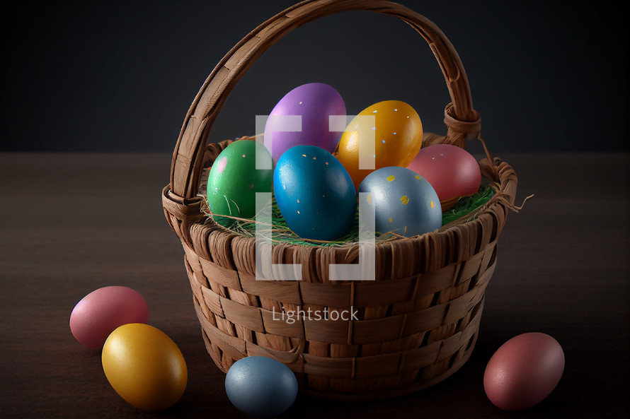 Colorful, decorated Easter eggs in a basket