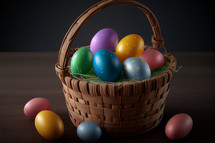 Colorful, decorated Easter eggs in a basket