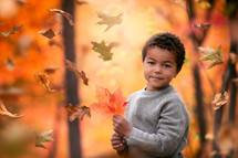 a boy in falling leaves 