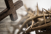 wood cross and crown of thorns 