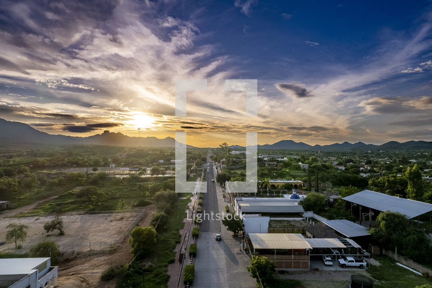 drone over town in Mexico 