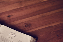 BIble on a wood floor opened to Amos 