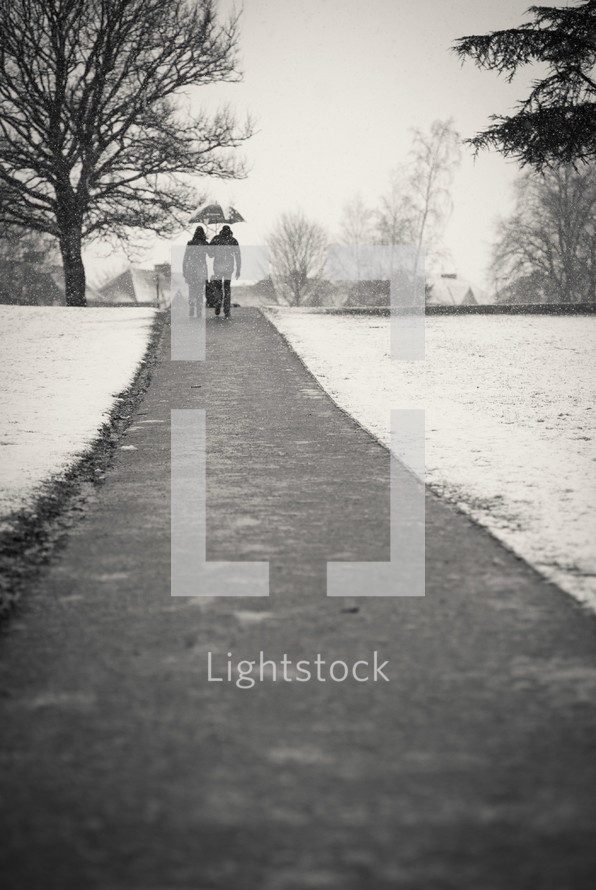 Couple walking along a snow-lined path.
