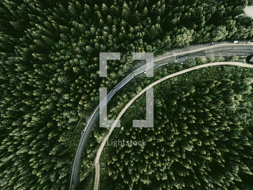aerial view over and evergreen forest and highway 