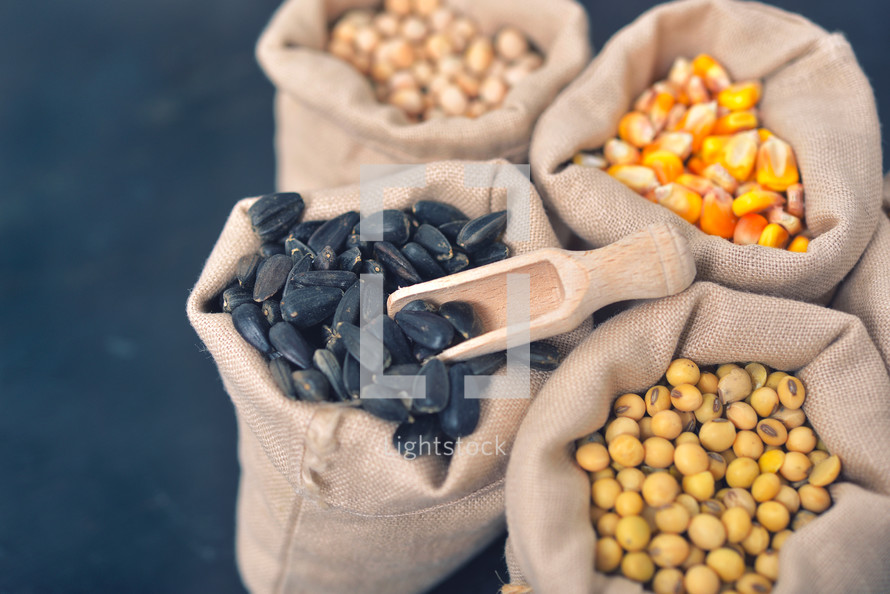 bags with various grains and cereals on wooden table