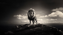 Lion standing on a mountain top in black and white.