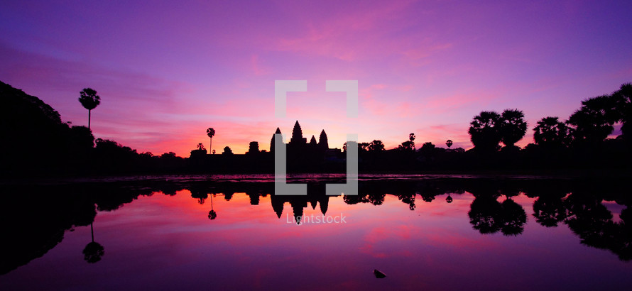 Fuschia sky over Cambodia. Angkor Wat, Sunrise. Dawn.