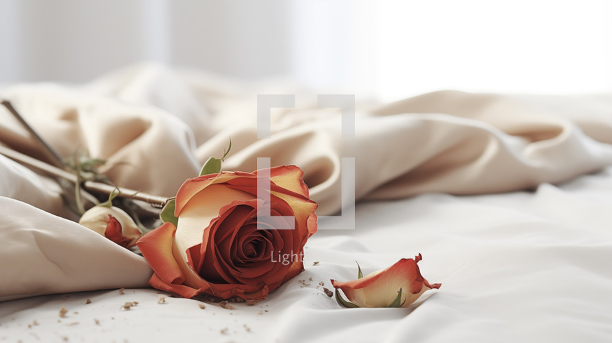 Closeup of a dead rose on a bed. Fading romance concept. 