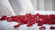 Closeup of red rose petals on a white bed. Romantic concept. 