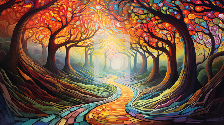 Colorful surreal abstract painted path through a forest. 