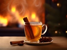 A Mug of Hot Apple Cider on a Table wtih Spices and a Christmas Tree in the Background