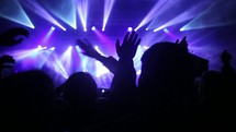 waving raised hands at a concert and stage lights 