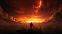 Person standing looking at a city on fire. End of world concept. 
