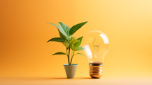 Green plant growing in a pot beside a light bulb on an orange background.