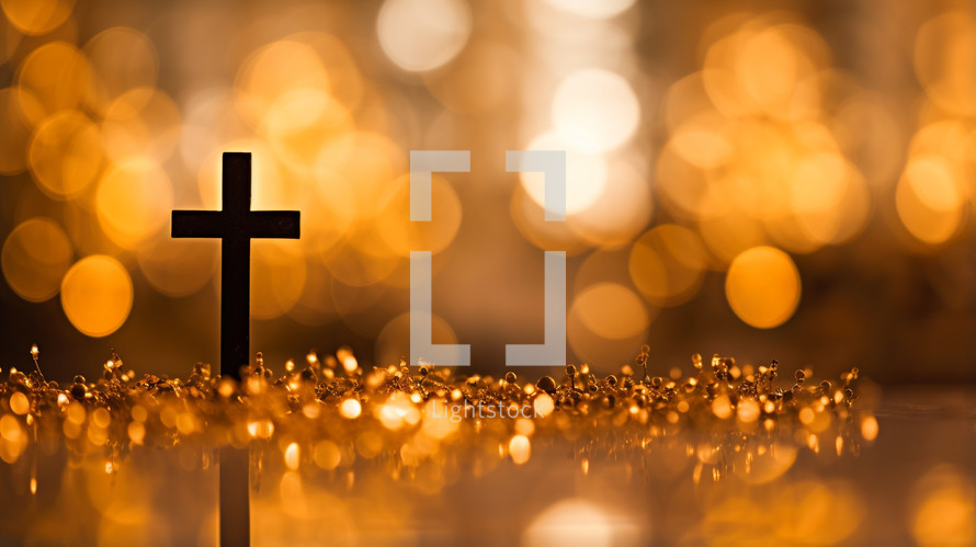 Cross on a gold bokeh background. 