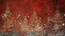 Red starry night sky with snowfall and gold snowy trees. 