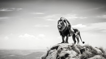 Strong lion looking out over a mountain top in black and white.