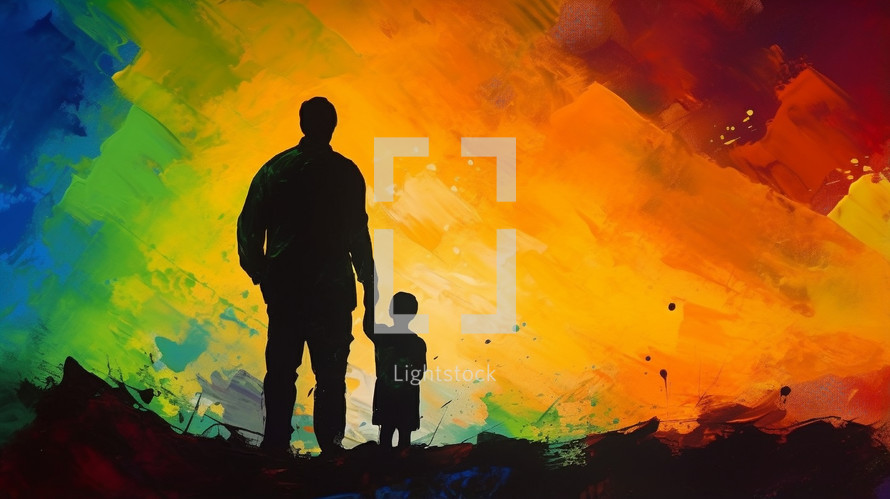 Silhouette of father and son on colorfully painted background. 
