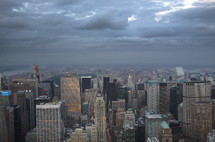 New York City aerial view skyline on cloudy day.