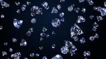 Many jewelry diamond stones falling on black background. Crystal stones and jewelry. Concept of wealth and prosperity. Seamless looping