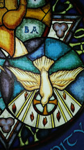 Stained Glass iconography of the Holy Spirit as a Dove in symbolic iconography. 