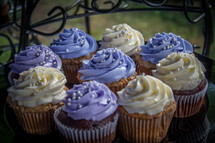 purple and white icing on a cupcakes 