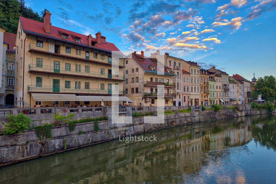 Cityscape view on Ljubljanica river canal in Ljubljana old town. Ljubljana is the capital of Slovenia and famous european tourist destination