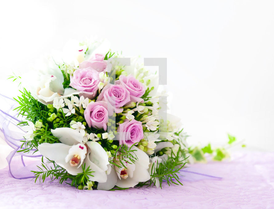 Wedding Pink Roses And White Orchid Bouquet.