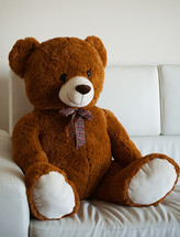 teddy bear sitting on a white sofa