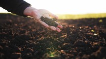 Farmer hand scooping dirt on a field at sunset. Man grabbing the soil dirt from the ground. Close up of male hands touching dry ground in an agricultural field. Concept of agribusiness.