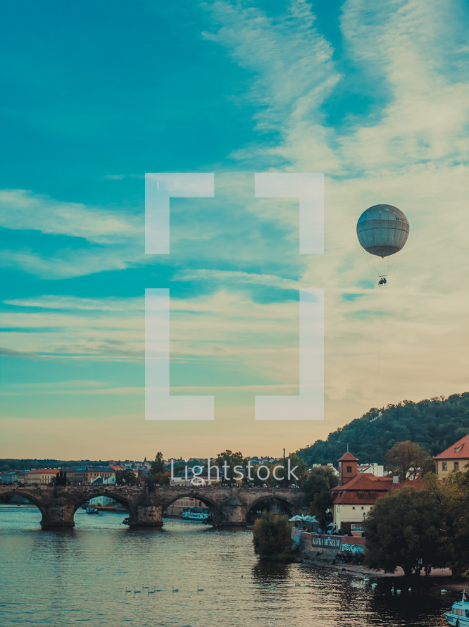 hot air balloon, river, bridge, Europe 