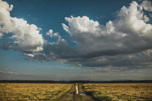 distant couple standing on a dirt road under a cloudy sky