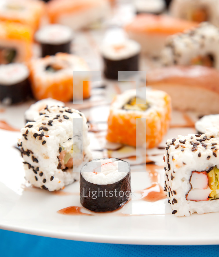 Sushi Buffet, different specialties of Japanese cuisine.