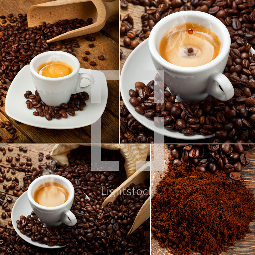 Coffee Collage with espresso and coffee beans