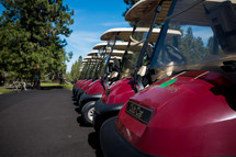 Row of golf carts on asphalt near trees.