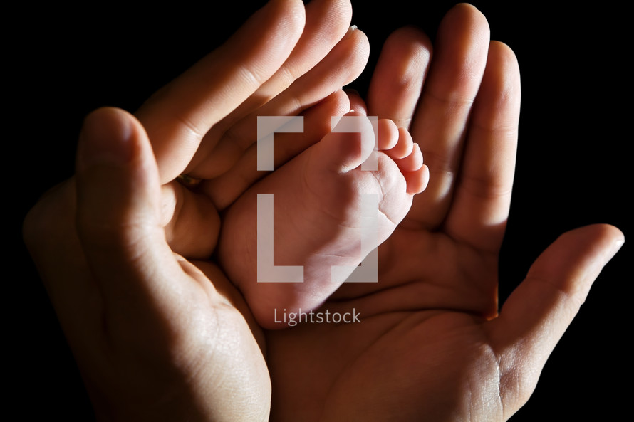 Loving hands gently embracing infant foot, black background