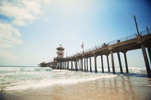 Huntington Beach Pier with surf and sand