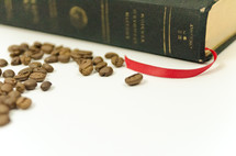 coffee beans and a Bible 