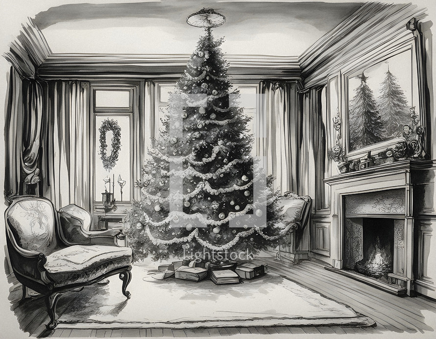 Drawing of a living room with Christmas tree