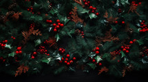 Green wreath background with red berries and foliage. 