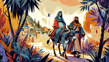 Illustration of the Nativity scene with Mary riding a donkey, accompanied by Joseph, in a vibrant, expressive style.