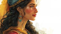 Stunning portrait of a woman, reminiscent of Queen Esther, showcasing her regal beauty and grace.