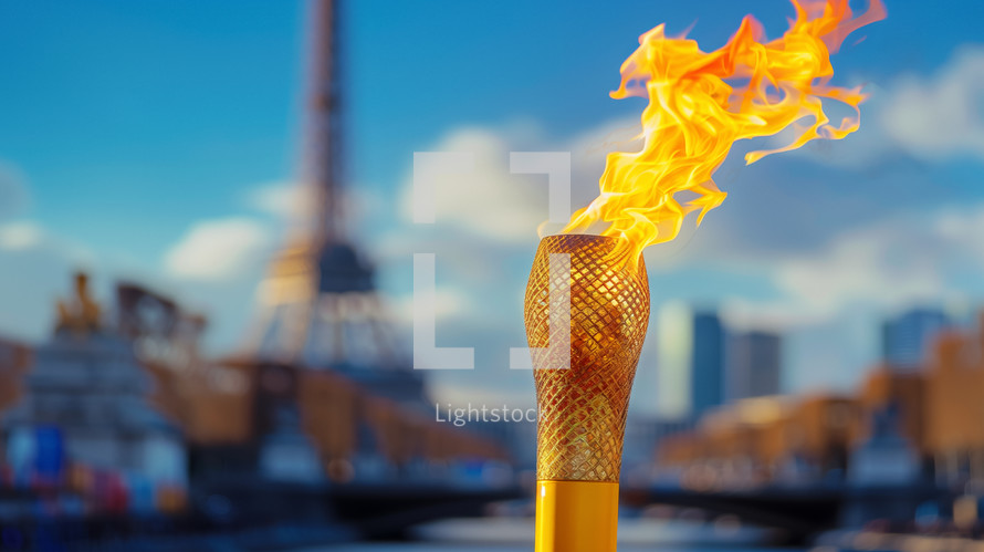 Olympic flame ignites against the Parisian skyline for 2024 Games.