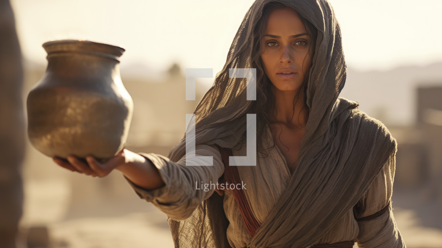 Portrait of a samaritan woman with a clay water jug. Christian illustration.